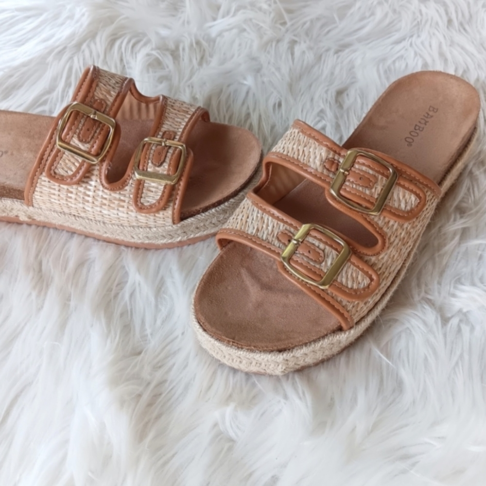 ↠ Bamboo Natural Cream & Tan Raffia Espadrille Platform Double Buckle Sandals - Picture 6 of 7